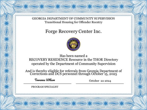 THOR Directory recovery residence certificate for Forge Recovery Center